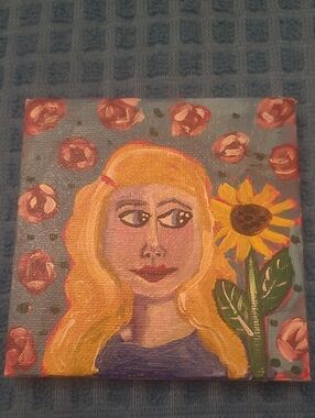 Hand-Painted Floral Portrait Canvas Wall Art - Yellow & Blue